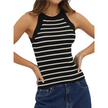 Halter Tank Tops for Women Summer Striped Stretchy Ribbed Knit Cami- Shirts Slim Fitting Black S