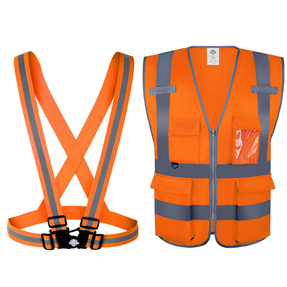 2Pcs 2XL Orange Reflective Safety Vest Visibility With Zipper And Multi Pockets For Construction Running Cycling 9073542244851