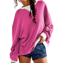-Size-Sweatshirts for Women Oversized Long Sleeve Tops Casual Crewneck Colorblock Pullover Tunic Shirts Rose Red L