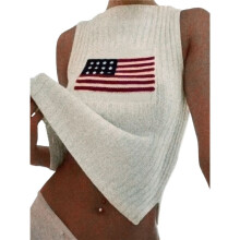 Women'S American Flag Sleeveless Sweater Vest Knit Crew Neck Tank Top Cream White M