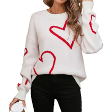 Women Valentines Day Sweater Long Sleeve Embroidery Heart Sweater Oversized Knitted Pullover Jumper Tops White S