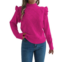 Womens Sweaters Sweater for Women Crewneck Ruffle Long Sleeve Solid Color Loose Pullover Top Winter 2025 Rose Red M