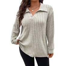 Women Size Casual Knit Sweater Lapel V Neck Solid Color Tops Light-Weight Long Sleeve Blouses Apricot XL
