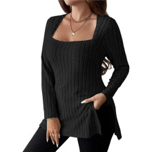 Women Long Sleeve Shirts Trendy Casual Square Neck Tops Light-Weight Sweaters Black 5XL