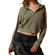 Women'S Full Zip Cropped Hoodie 90s Long Sleeve Drawstring Hooded Cropped Jacket Top with Pockets Army Green M