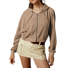 Women'S Full Zip Cropped Hoodie 90s Long Sleeve Drawstring Hooded Cropped Jacket Top with Pockets Light Brown L