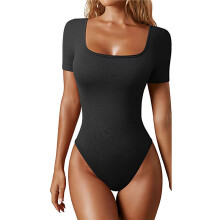 Women'S 2 Piece Bodysuits Ribbed One Piece Square Neck Short Sleeve Bodysuits Black L
