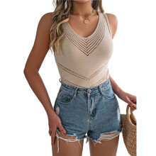 Womens Summer Sleeveless V Neck Sweater Vest Fall Knitted Loose Tank Tops Khaki L