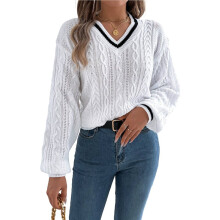 Women'S Long Sleeve V Neck Cable Knit Sweater 2025 Fall Pullover Top Cute Soft Dressy Casual Outfits White M