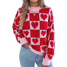 Womens Mock Neck Sweater Long Sleeve Block Cute Heart Knit Fall Winter Tops Ribbed Knit Pullover Sweaters Red S