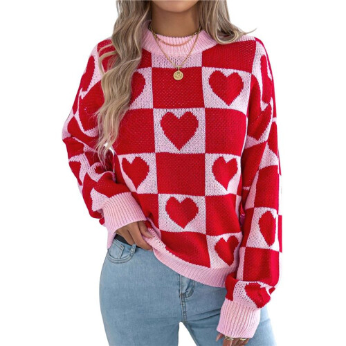 Damen Rollkragenpullover Langarm Block Süßes Herz Strick Herbst Winter Tops Rippstrick Pullover Pullover Rot L