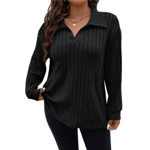 Women Size Casual Knit Sweater Lapel V Neck Solid Color Tops Light-Weight Long Sleeve Blouses Black XXL