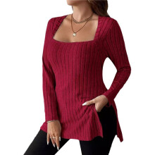 Women Long Sleeve Shirts Trendy Casual Square Neck Tops Light-Weight Sweaters Wine Red XL