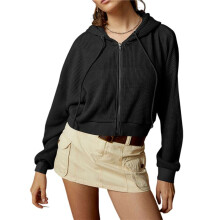 Women'S Full Zip Cropped Hoodie 90s Long Sleeve Drawstring Hooded Cropped Jacket Top with Pockets Black S