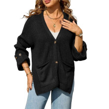 Women Chunky Knit Sweater Long Sleeve V Neck Button  Cardigan with Pocket Coat for Fall and Winter Black L