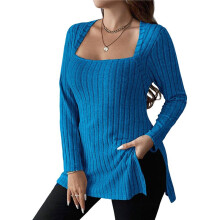 Women Long Sleeve Shirts Trendy Casual Square Neck Tops Light-Weight Sweaters Royal  4XL