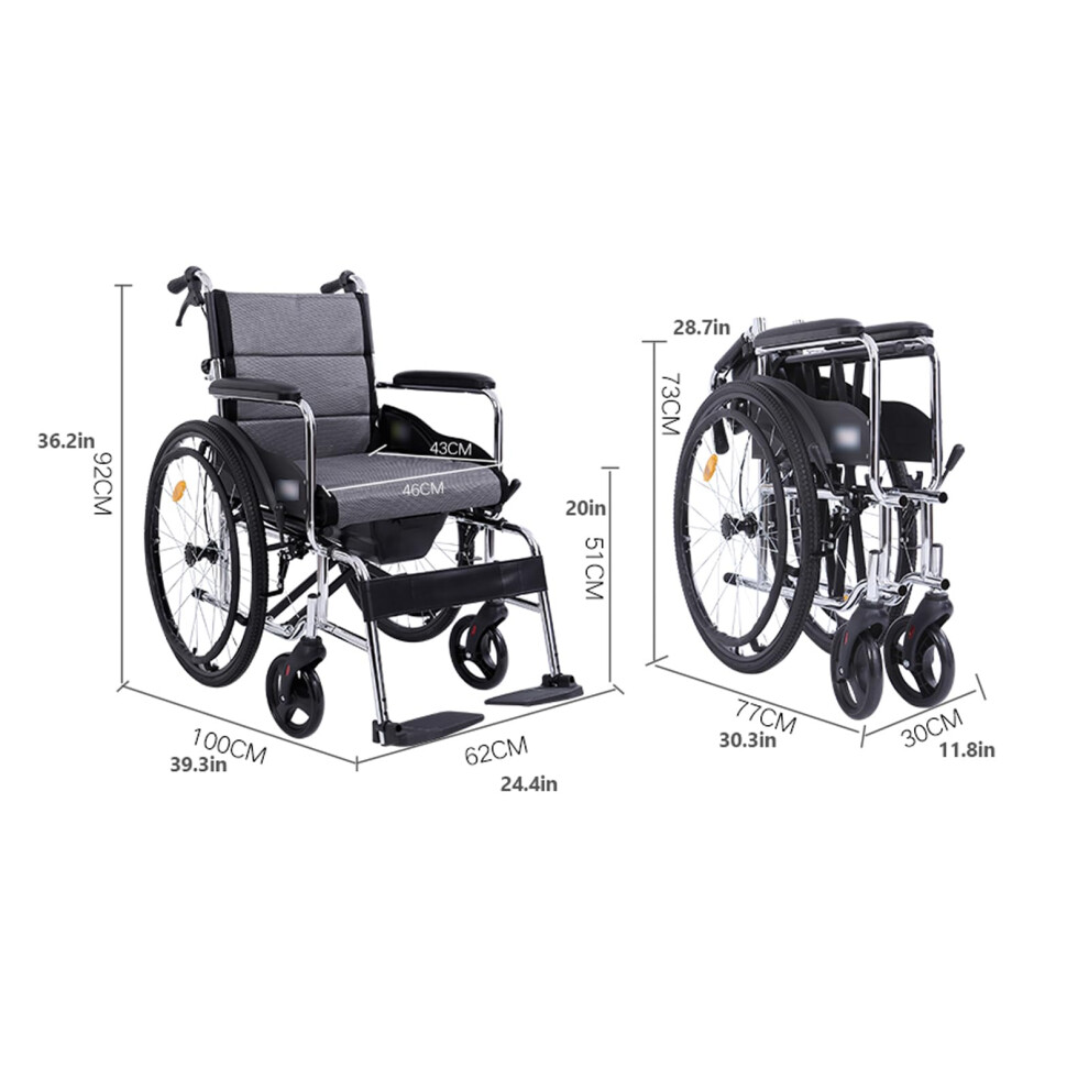 Black Folding Wheelchair With Handbrakes Adjustable Backrest Carbon Steel Frame Transport Wheelchair For Adults 220 Lbs Support