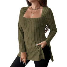 Women Long Sleeve Shirts Trendy Casual Square Neck Tops Light-Weight Sweaters Army Green 4XL