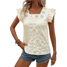 Women'S Floral Embroidery Blouse Flutter Sleeve Square Neck Textured Summer Shirt Lake Green S