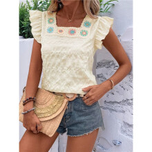 Women'S Floral Embroidery Blouse Flutter Sleeve Square Neck Textured Summer Shirt Lake Green M