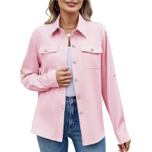 Women Button Down Shirts Casual Long Sleeve V Neck Chambray Blouse Top M