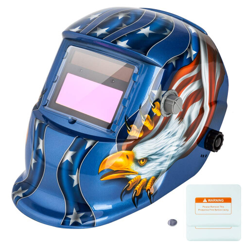 Solar Powered Auto Darkening Welding Helmet with Adjustable Headband and Eagle Blue Pattern