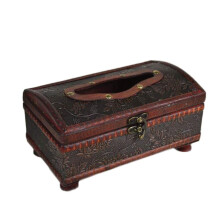 Vintage Wooden Tissue Box Holder with Leather Finish, Handmade Antique Storage Organizer for Home Decor