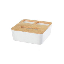 Modern Plastic Tissue Box with Wooden Lid, Compact Flip Cover Napkin Holder for Home and Office