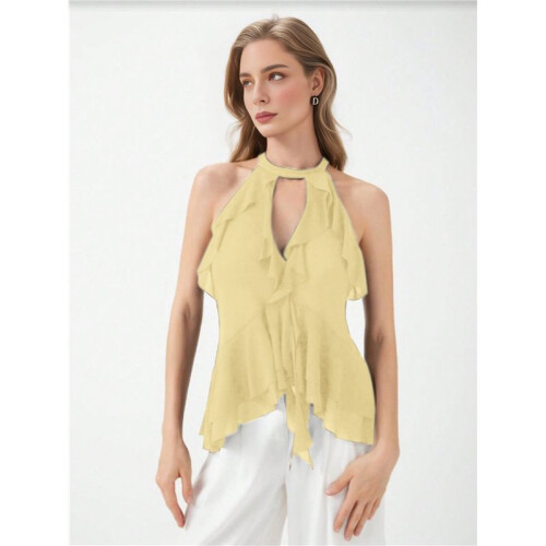 Women'S Halter Neck Ruffled Camisole Yellow S 1
