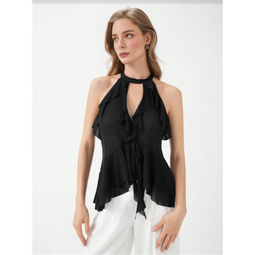 Women'S Halter Neck Ruffled Camisole Black L 2