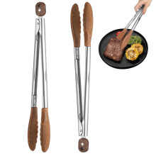 BBQ Tongs Set of 2 Stainless Steel 12 Inch HeatResistant Walnut Wooden Handle Cooking Tongs