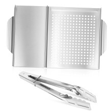 Stainless Steel Grilling Tray with Food Tong, Outdoor BBQ Pan with Double Sided Handles, Easy Clean Design