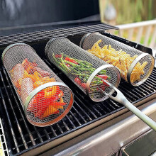 BBQ Grill Basket Set of 3 Stainless Steel Wire Mesh Rolling Cylinder for Outdoor Cooking 8.26 Inch