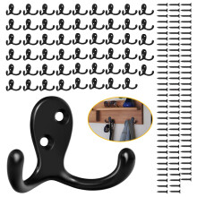 54 Pack Heavy Duty Double Prong Coat Hooks, Rustproof Black Wall Mounted Hooks with Screws for Coats and Towels