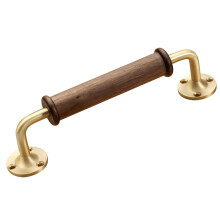Brass Pull Handle with Ergonomic Walnut Grip, Brushed Brass Finish for Barn and Wood Doors