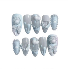 Light Blue Fake Nails with Pearl & 3D Bow Decor, ChipProof Resin Press On Nails for Salon or Home Use