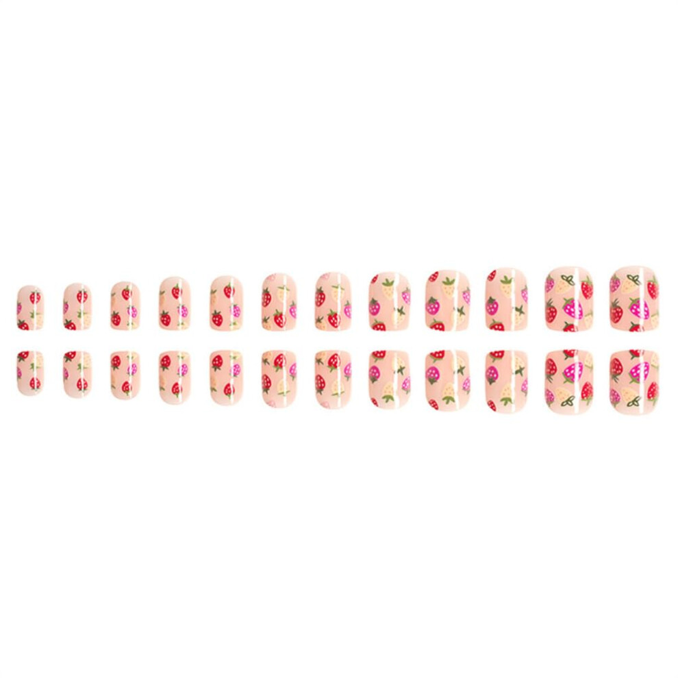 Cream Glossy Resin Press On Nails Set Short Nude Strawberry Design 24 Pcs Instant Salon Manicure