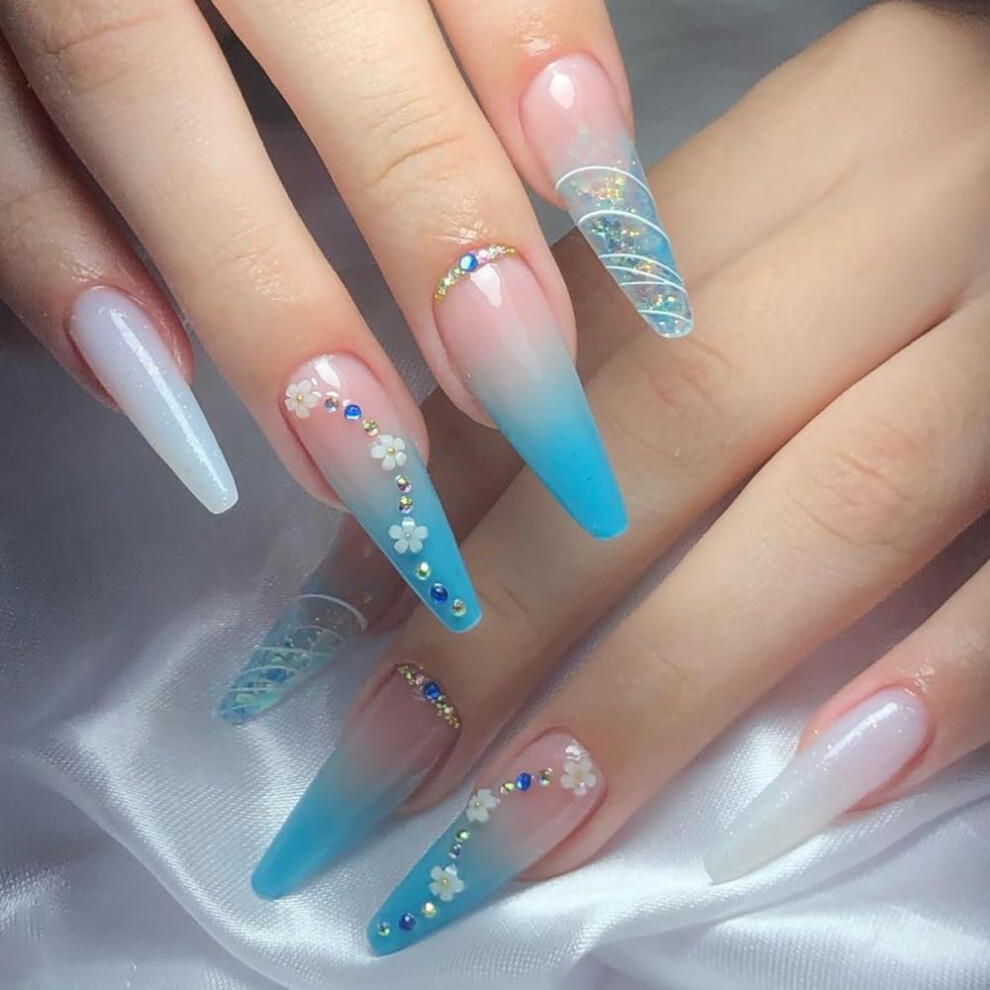 Blue,White Blue White Glitter Fake Nails Set Natural Glossy Press On Nails Quick Salon Finish Party Ready Style