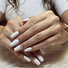 White Square Press On Nails with Rhinestones, Natural Glossy Durable Resin Nail Tips Set 24pcs for Party and Everyday Wear