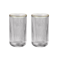 Set of 2 Tall Clear Glass Tumblers with Elegant Gold Rim for Bathroom or Makeup Brush Storage