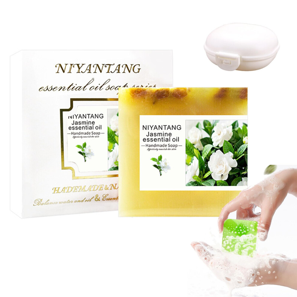 Natural Handmade Soap Bar Jasmine Scented 100g, Moisturizing Gentle Cleanser for Face and Body with Travel Soap Box
