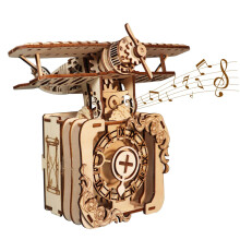 3D Wooden Airplane Puzzle Hand Crank Music Box Model Kit – Retro DIY Assembly Gift for Adults