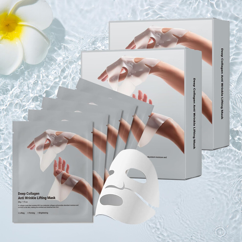 Collagen Face Mask 5 Pack with Hyaluronic Acid and Peptides, Deep Hydration Anti Aging Lifting Sheet for Firm Skin