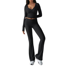 Damen Workout 2-Teiliges Lounge-Sets Langarmshirts Umschlag Schlaghose Casual Outfits Trainingsanzug Schwarz XL