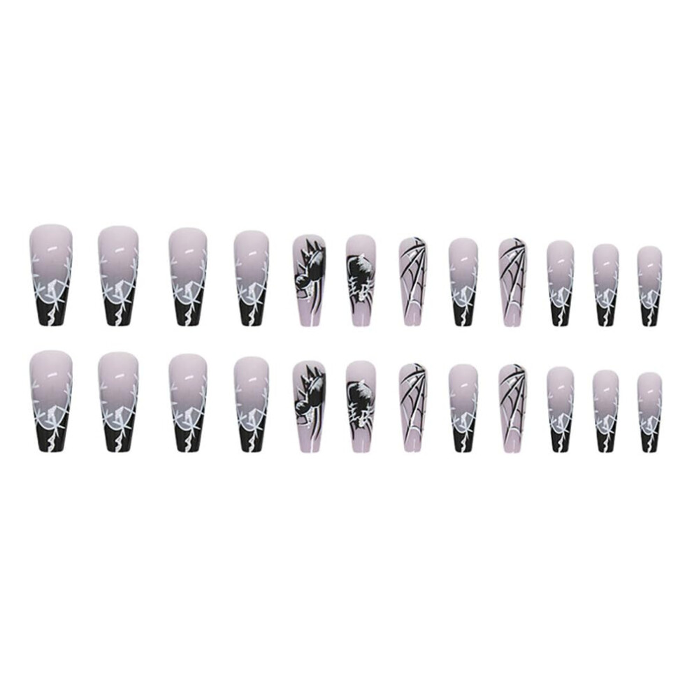 Halloween Press On Nails Set 24pcs Black Thorny Spider Web Design ChipProof Glossy Reusable False Nails