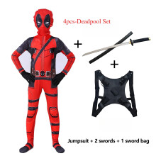 (4pcs-Deadpool Set, 130(Fit 120-130cm)) Kinder Superheld Deadpool Kostüm Cosplay Kostüm Schwerter Overall für Kinder Halloween Kostüm