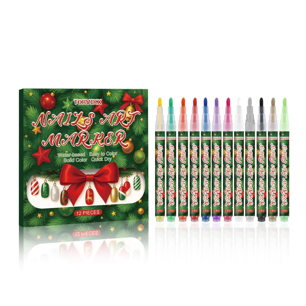 12 Piece Christmas Nail Art Pens Set with Precise Fine Nib, LongLasting QuickDrying Ink, BeginnerFriendly