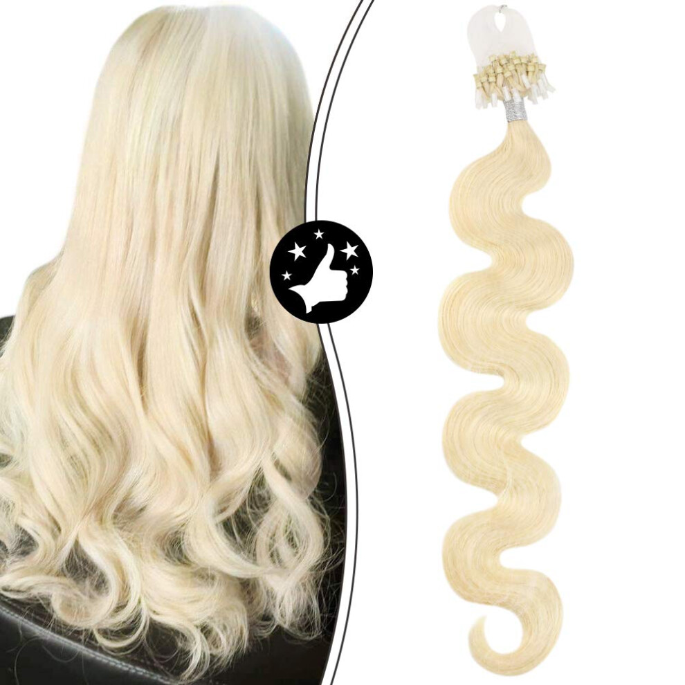 Unisex 20 Inch Micro Loop Hair Extensions Remy Human Hair #613 Bleach Blonde Wavy No Glue No Heat