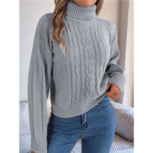 Women'S Sweater Round Neck Texture Button Lantern Sleeve Tops Pullover Knit Grey M 1