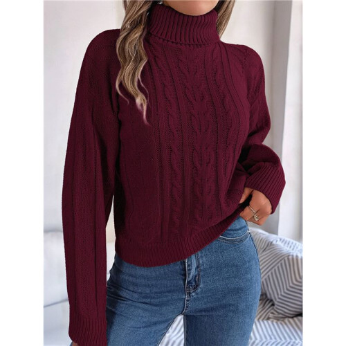 Women'S Sweater Round Neck Texture Button Lantern Sleeve Tops Pullover Knit Wine Red S 2